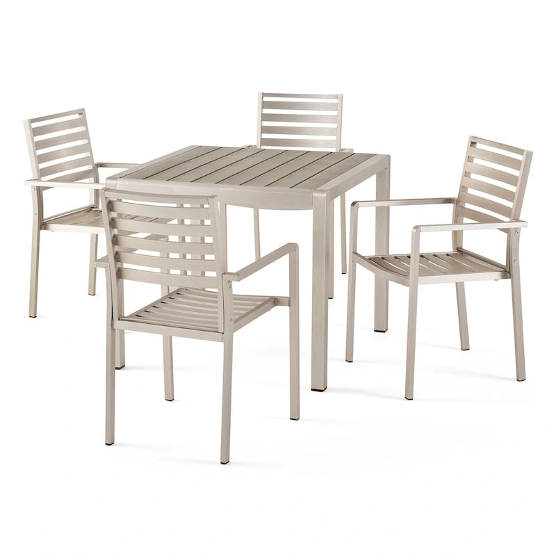 5-Piece Aluminum Dining Set Silver for 4 People Faux Wood Table 4 Chairs