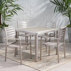5-Piece Aluminum Dining Set Silver for 4 People Faux Wood Table 4 Chairs