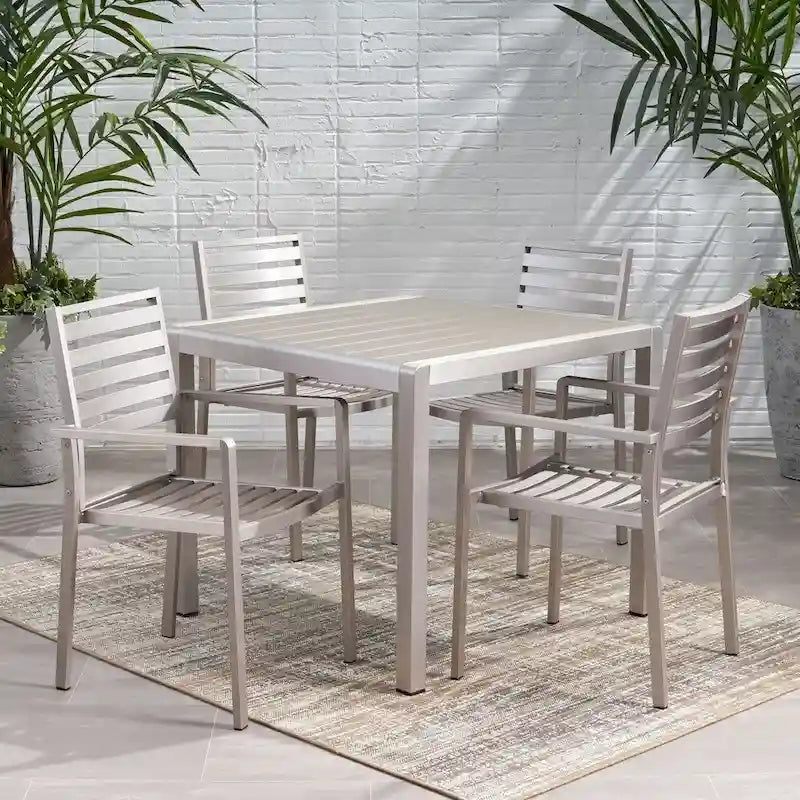 5-Piece Aluminum Dining Set Silver for 4 People Faux Wood Table 4 Chairs
