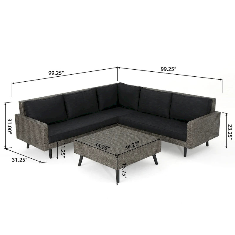 4-Piece Wicker Sectional Sofa Set with Cushions 1 Corner 2 Ends 1 Table