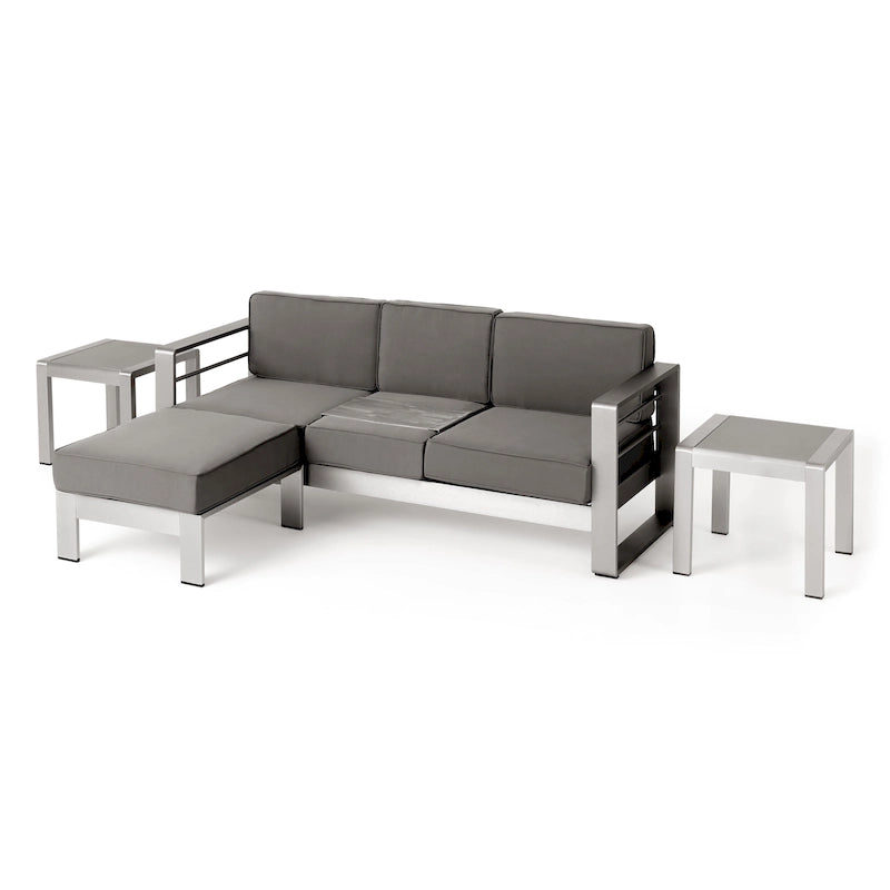 4-Piece Aluminum Sofa Set Silver with Khaki Cushions 1 Sofa 1 Ottoman 2 Tables