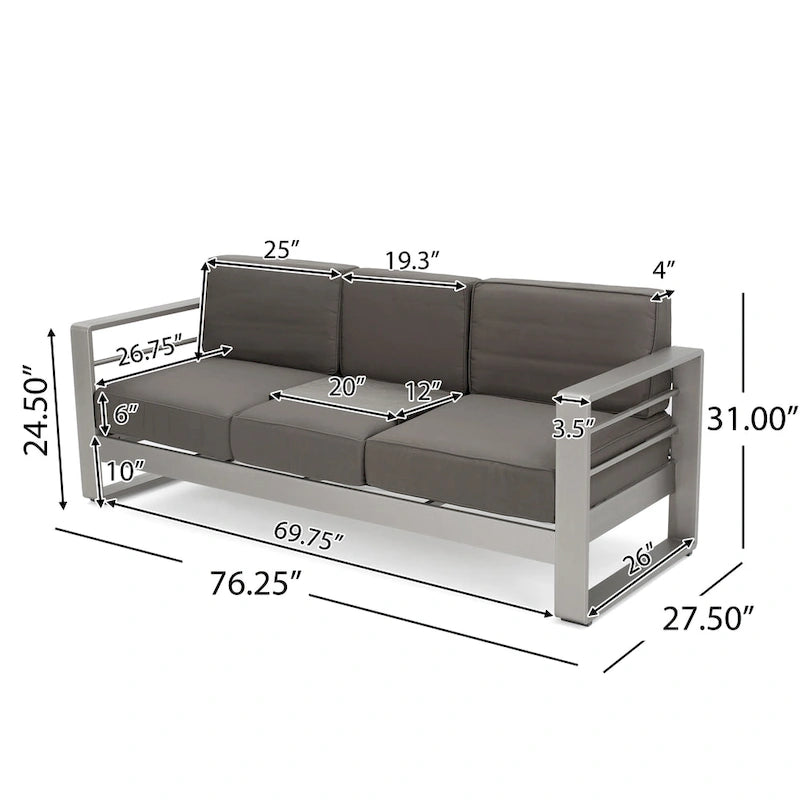 4-Piece Aluminum Sofa Set Silver with Khaki Cushions 1 Sofa 1 Ottoman 2 Tables