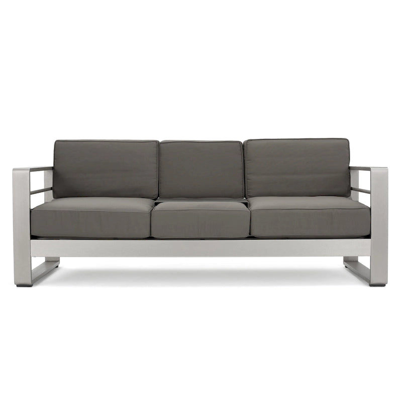 4-Piece Aluminum Sofa Set Silver with Khaki Cushions 1 Sofa 1 Ottoman 2 Tables