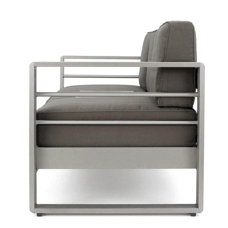 4-Piece Aluminum Sofa Set Silver with Khaki Cushions 1 Sofa 1 Ottoman 2 Tables