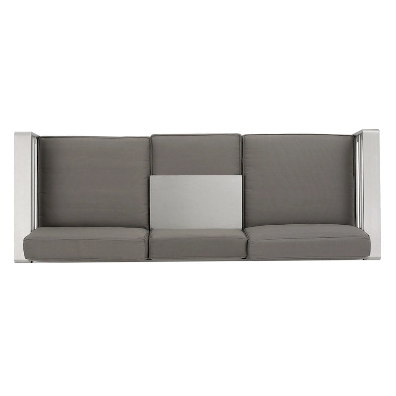 4-Piece Aluminum Sofa Set Silver with Khaki Cushions 1 Sofa 1 Ottoman 2 Tables