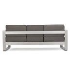 4-Piece Aluminum Sofa Set Silver with Khaki Cushions 1 Sofa 1 Ottoman 2 Tables