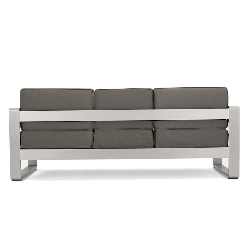 4-Piece Aluminum Sofa Set Silver with Khaki Cushions 1 Sofa 1 Ottoman 2 Tables