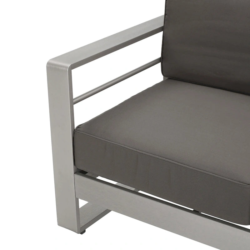 4-Piece Aluminum Sofa Set Silver with Khaki Cushions 1 Sofa 1 Ottoman 2 Tables