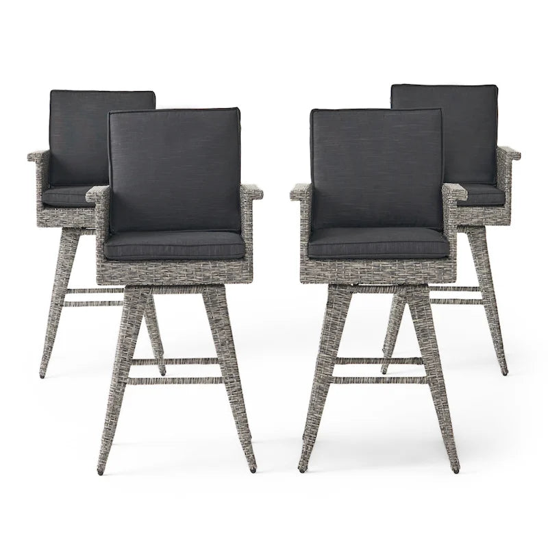 4-Piece Wicker Swivel Bar Stool Set Mixed Black with Dark Gray Cushions