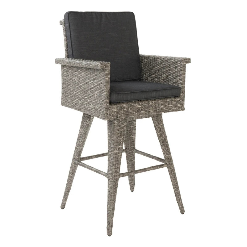 4-Piece Wicker Swivel Bar Stool Set Mixed Black with Dark Gray Cushions