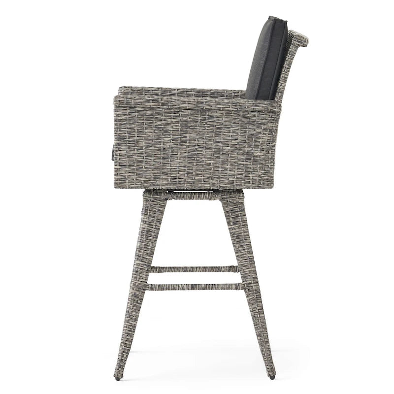 4-Piece Wicker Swivel Bar Stool Set Mixed Black with Dark Gray Cushions