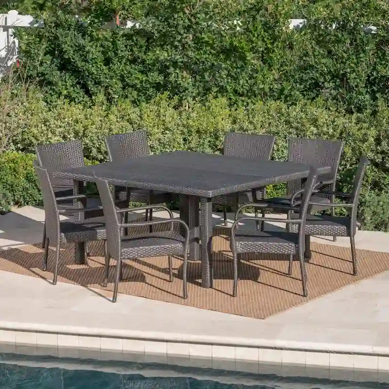 9-Piece Wicker Patio Dining Set for 8 People 8 Chairs 1 Square Table