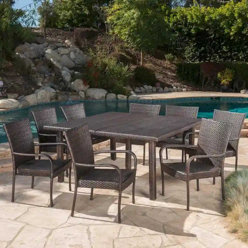 9-Piece Wicker Patio Dining Set for 8 People 8 Chairs 1 Square Table