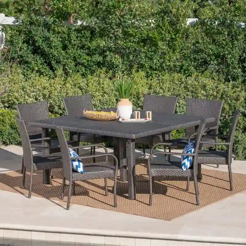 9-Piece Wicker Patio Dining Set for 8 People 8 Chairs 1 Square Table