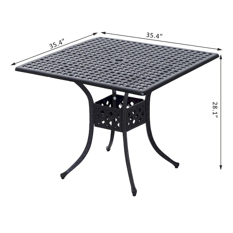 Square Cast Aluminum Bistro Table Black 36x36 inches with Umbrella Hole