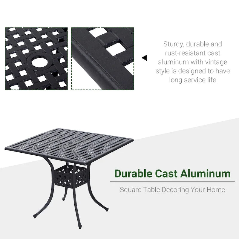 Square Cast Aluminum Bistro Table Black 36x36 inches with Umbrella Hole