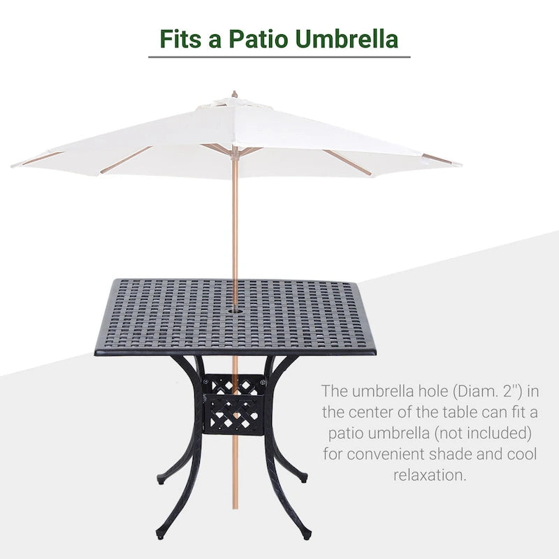 Square Cast Aluminum Bistro Table Black 36x36 inches with Umbrella Hole