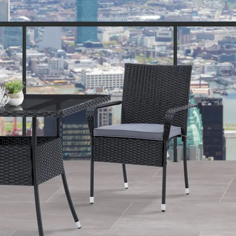 2-Piece Stackable Patio Armchair Set Black Wicker with Ash Grey Cushions