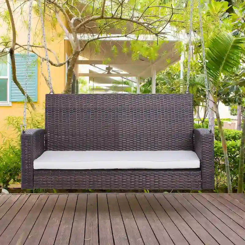 2-Person Wicker Hanging Swing Bench Dark Coffee with Cushion 550lbs