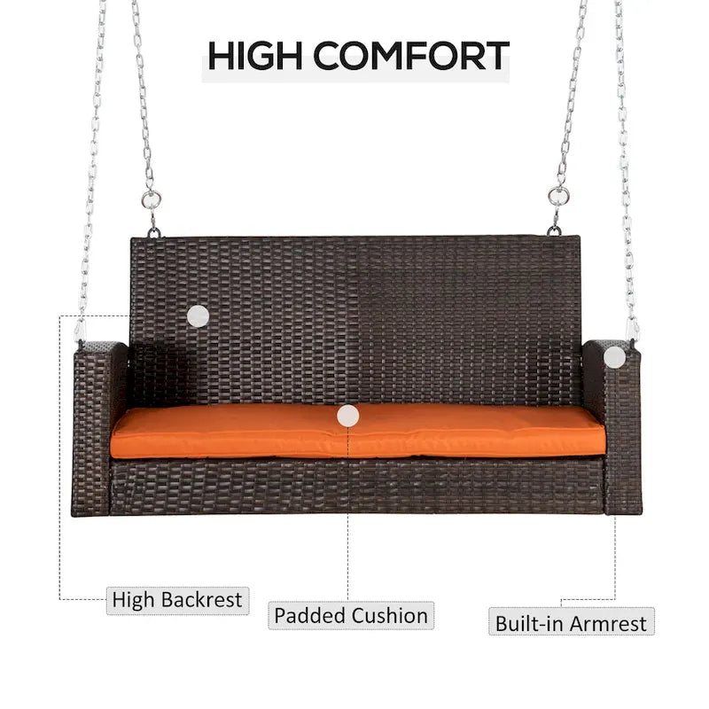 2-Person Wicker Hanging Swing Bench Dark Coffee with Cushion 550lbs