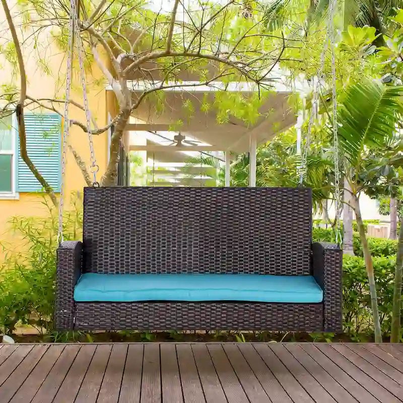 2-Person Wicker Hanging Swing Bench Dark Coffee with Cushion 550lbs