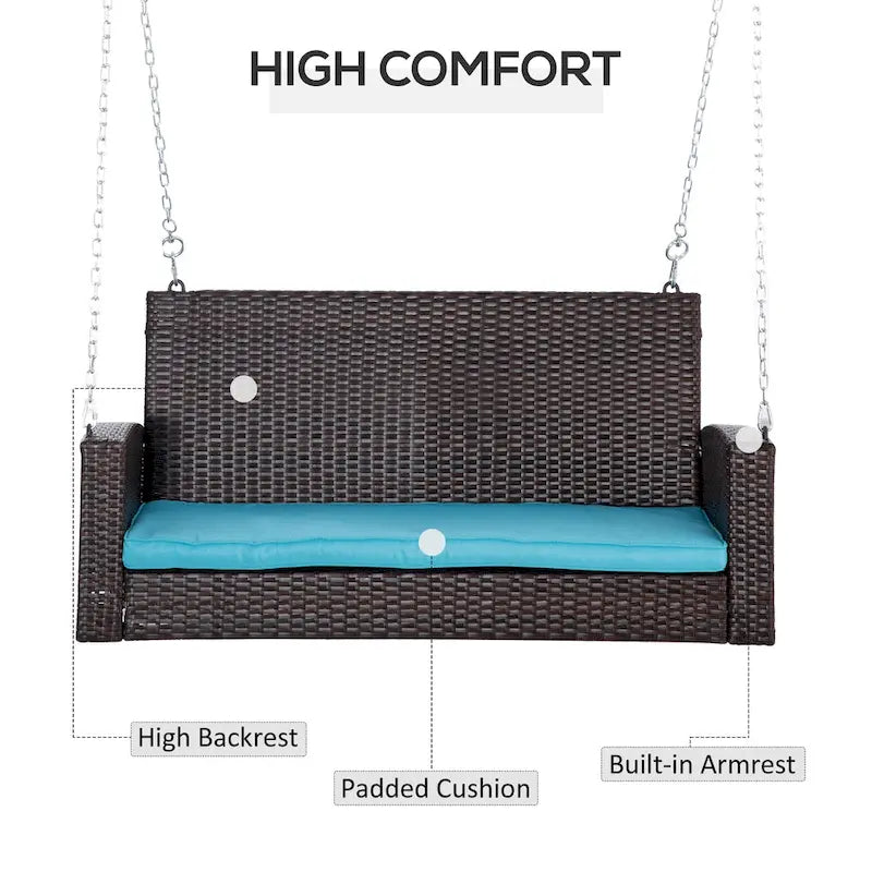 2-Person Wicker Hanging Swing Bench Dark Coffee with Cushion 550lbs