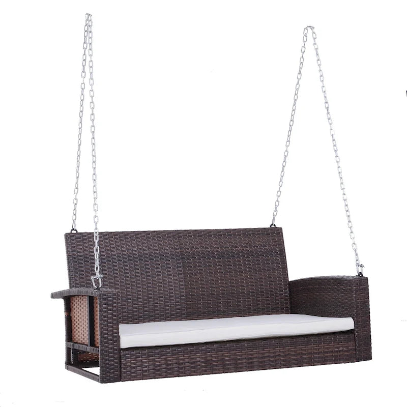 2-Person Wicker Hanging Swing Bench Dark Coffee with Cushion 550lbs