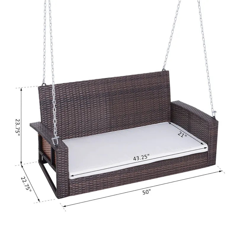 2-Person Wicker Hanging Swing Bench Dark Coffee with Cushion 550lbs