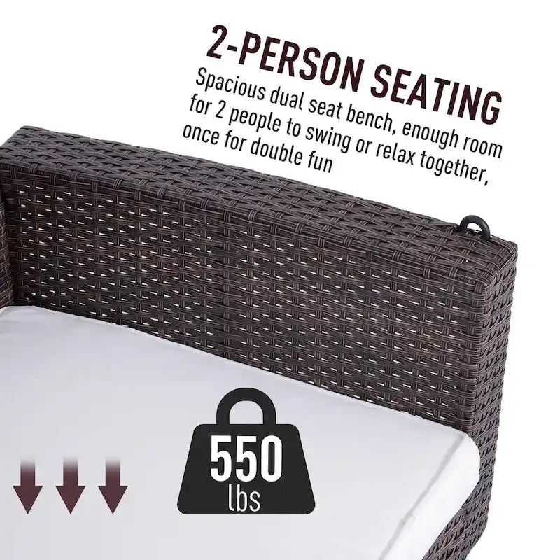 2-Person Wicker Hanging Swing Bench Dark Coffee with Cushion 550lbs