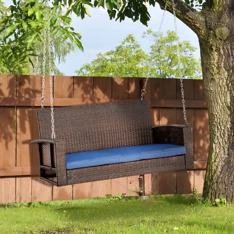 2-Person Wicker Hanging Swing Bench Dark Coffee with Cushion 550lbs