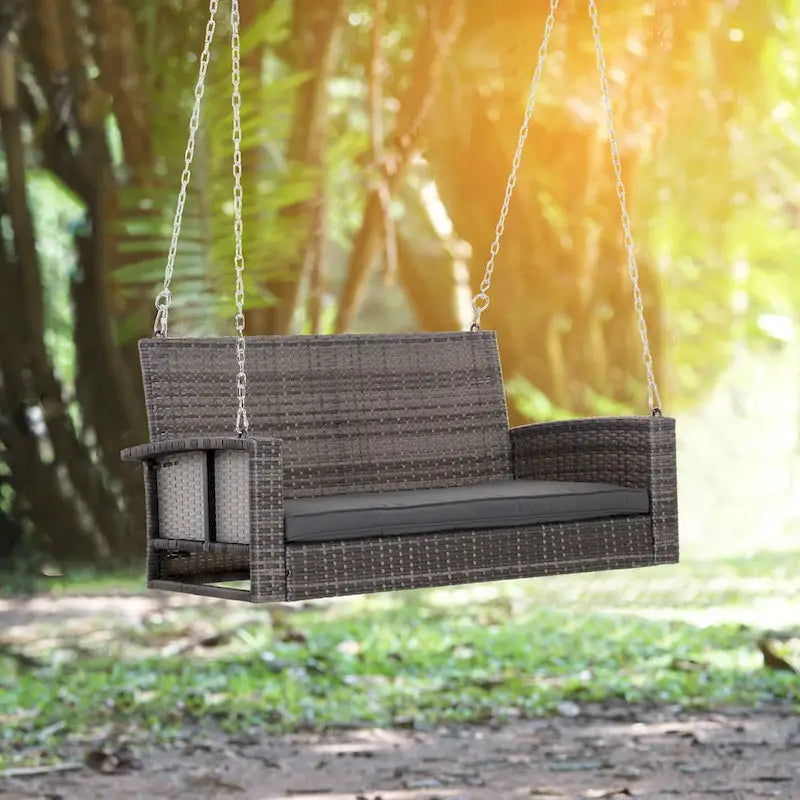 2-Person Wicker Hanging Swing Bench Dark Coffee with Cushion 550lbs