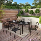 7-Piece Patio Dining Set Black 6 Stackable Chairs 1 Expandable Table