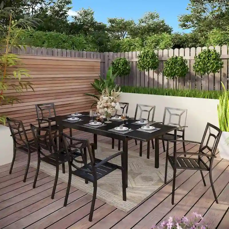 7-Piece Patio Dining Set Black 6 Stackable Chairs 1 Expandable Table