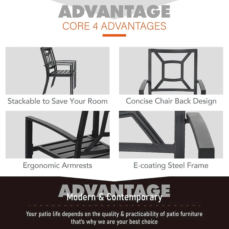 7-Piece Patio Dining Set Black 6 Stackable Chairs 1 Expandable Table