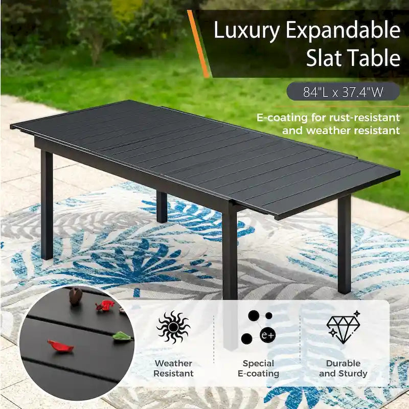 7-Piece Patio Dining Set Black 6 Stackable Chairs 1 Expandable Table