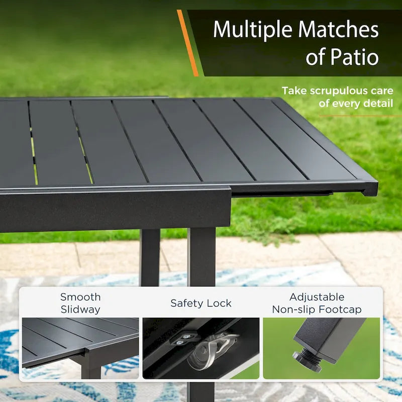 7-Piece Patio Dining Set Black 6 Stackable Chairs 1 Expandable Table