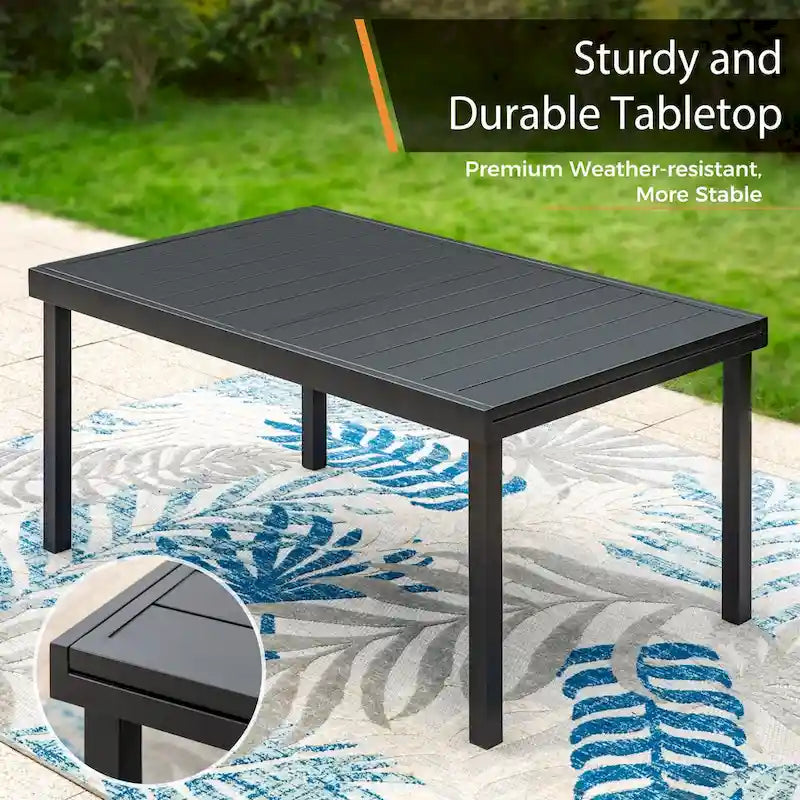 7-Piece Patio Dining Set Black 6 Stackable Chairs 1 Expandable Table