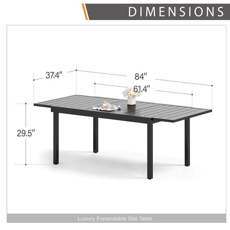 7-Piece Patio Dining Set Black 6 Stackable Chairs 1 Expandable Table