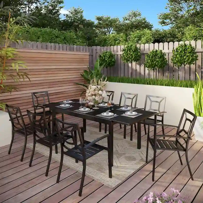 7-Piece Patio Dining Set Black 6 Stackable Chairs 1 Expandable Table