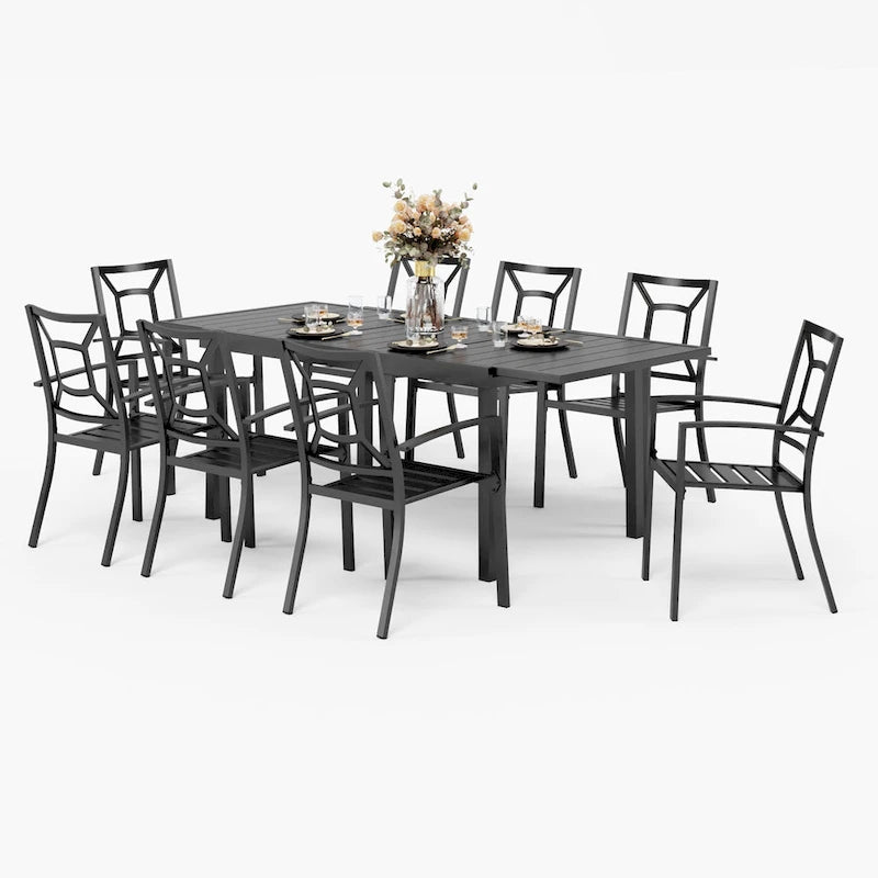 7-Piece Patio Dining Set Black 6 Stackable Chairs 1 Expandable Table
