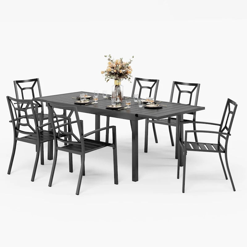7-Piece Patio Dining Set Black 6 Stackable Chairs 1 Expandable Table