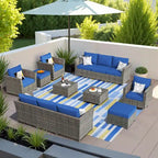 13-Piece PE Wicker Sectional Set with Swivel Rocking Chair and Glass Table