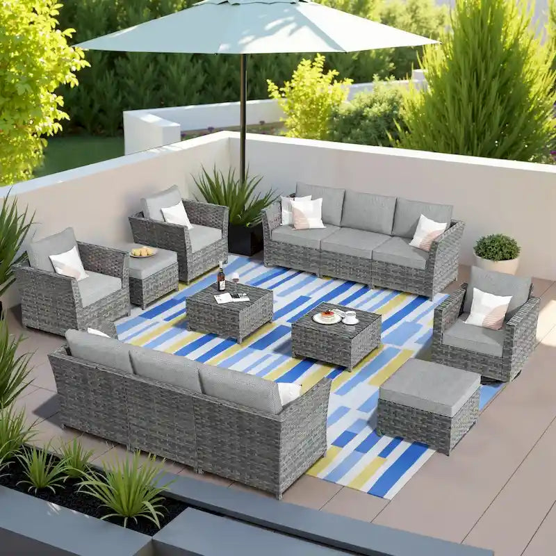 13-Piece PE Wicker Sectional Set with Swivel Rocking Chair and Glass Table