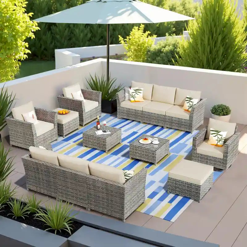 13-Piece PE Wicker Sectional Set with Swivel Rocking Chair and Glass Table