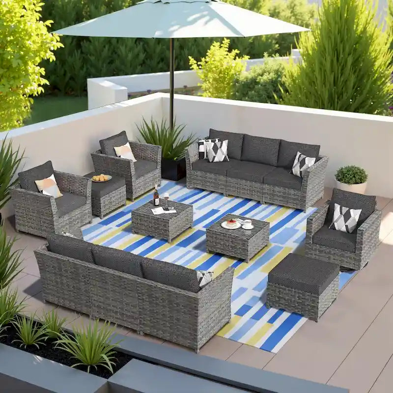 13-Piece PE Wicker Sectional Set with Swivel Rocking Chair and Glass Table