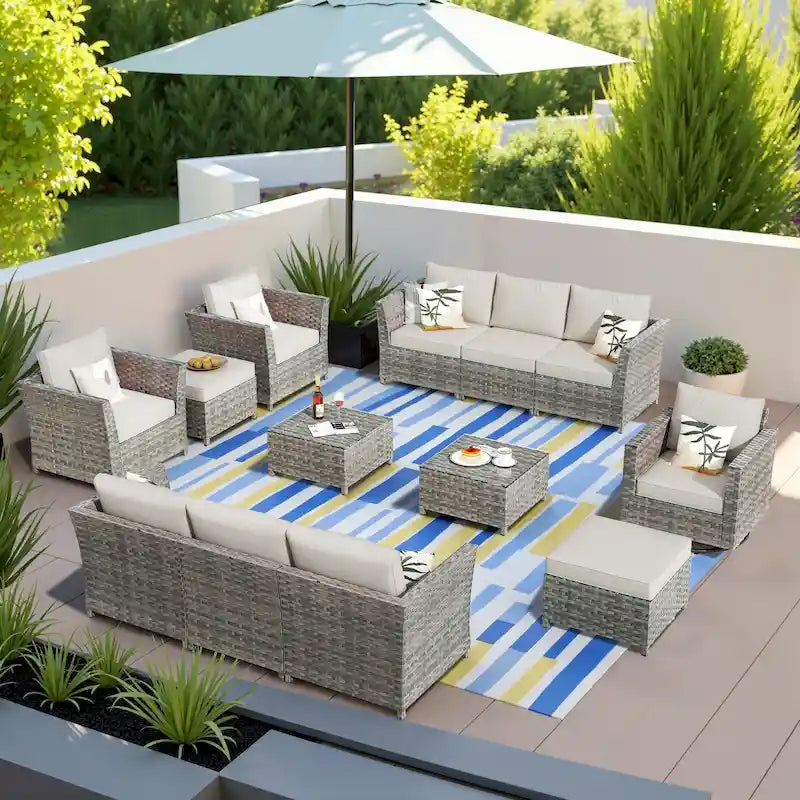 13-Piece PE Wicker Sectional Set with Swivel Rocking Chair and Glass Table
