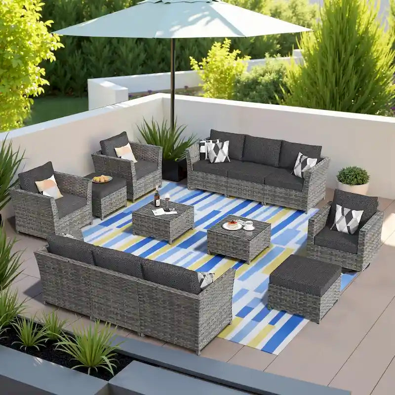 13-Piece PE Wicker Sectional Set with Swivel Rocking Chair and Glass Table
