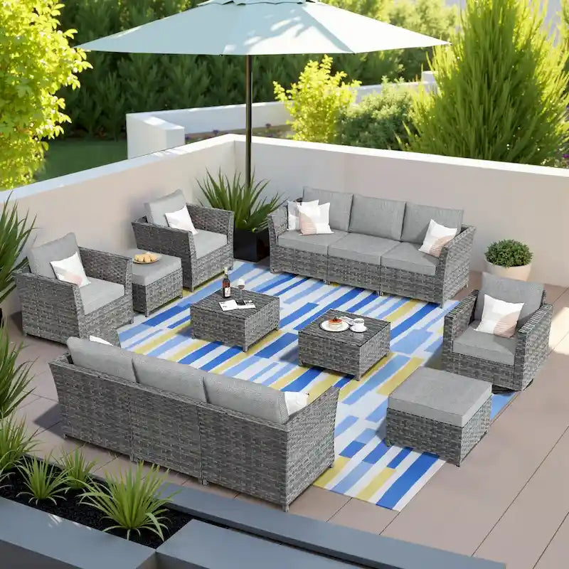 13-Piece PE Wicker Sectional Set with Swivel Rocking Chair and Glass Table