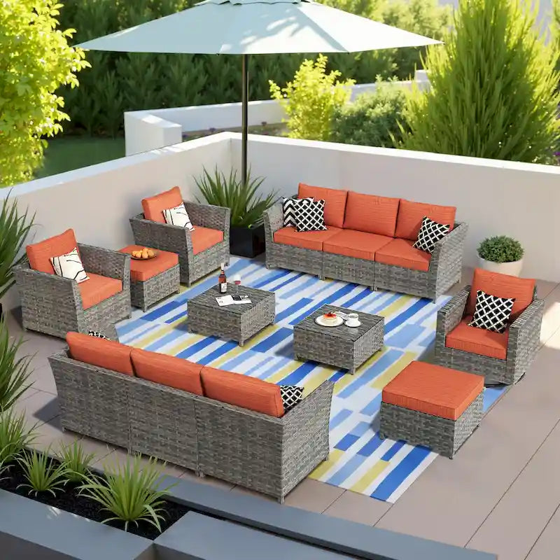13-Piece PE Wicker Sectional Set with Swivel Rocking Chair and Glass Table
