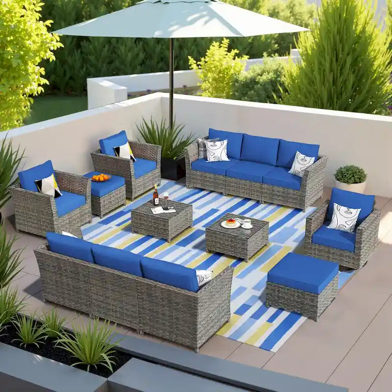 13-Piece PE Wicker Sectional Set with Swivel Rocking Chair and Glass Table